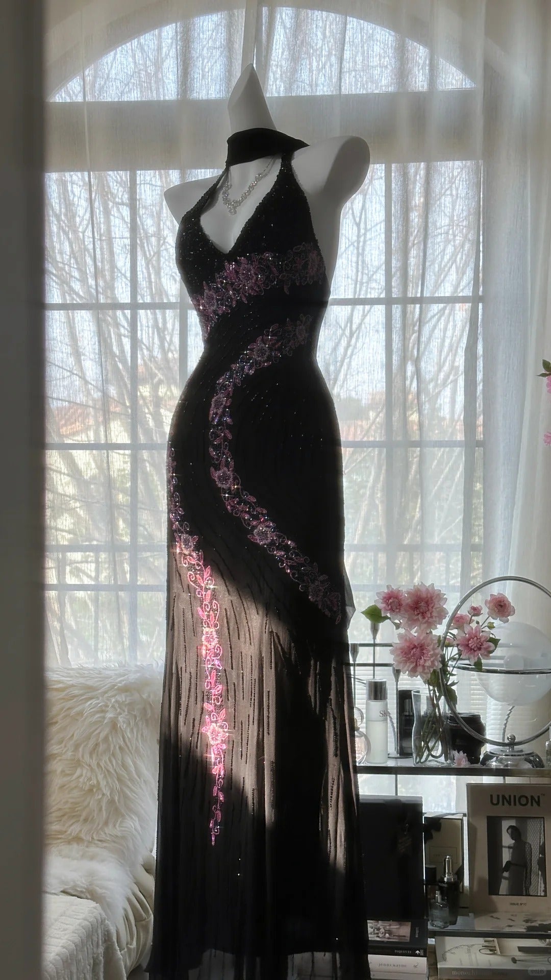 Superbe robe de soirée longue en satin fuchsia, style sirène, sans bretelles, ED02613