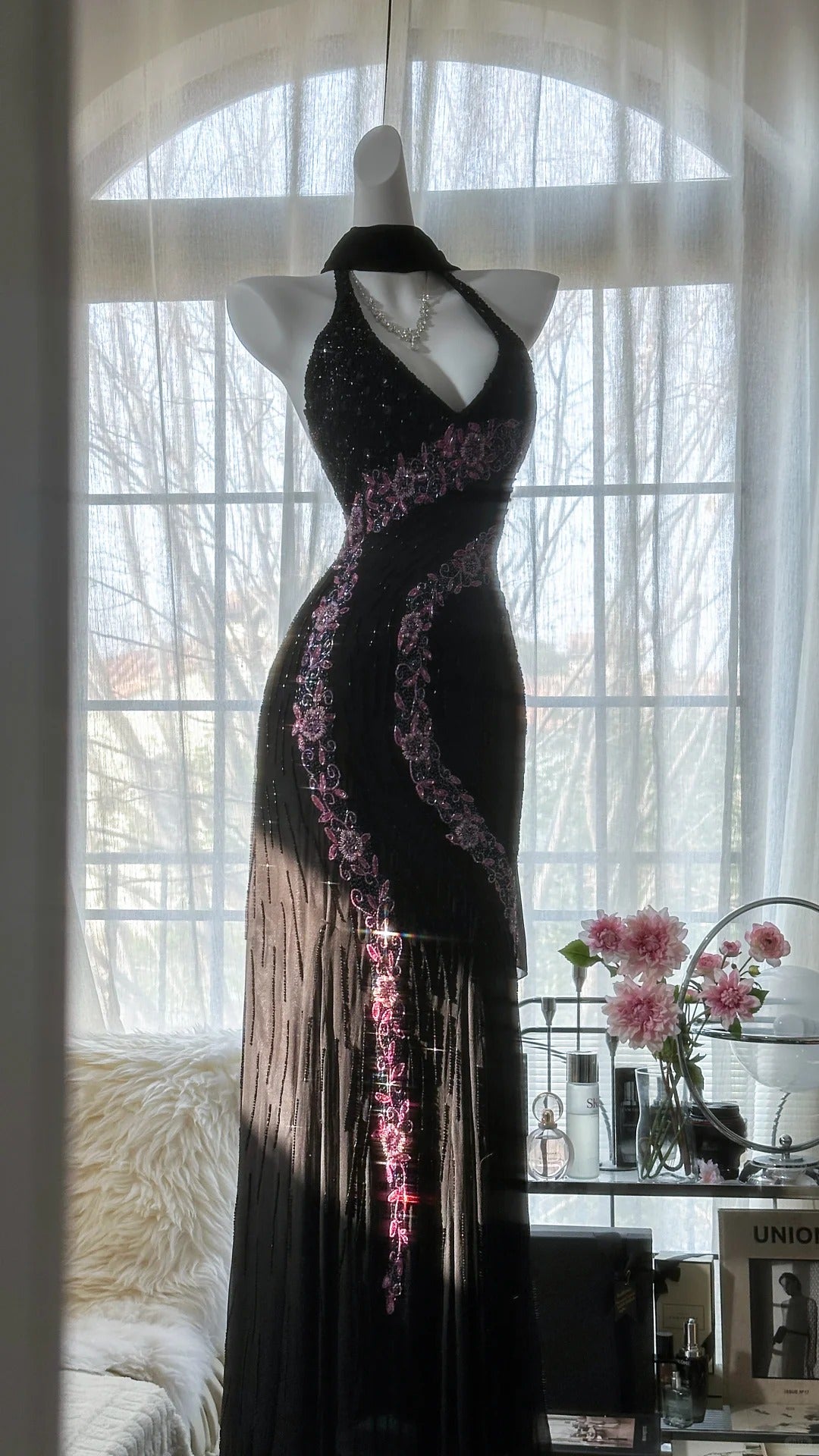 Superbe robe de soirée longue en satin fuchsia, style sirène, sans bretelles, ED02613