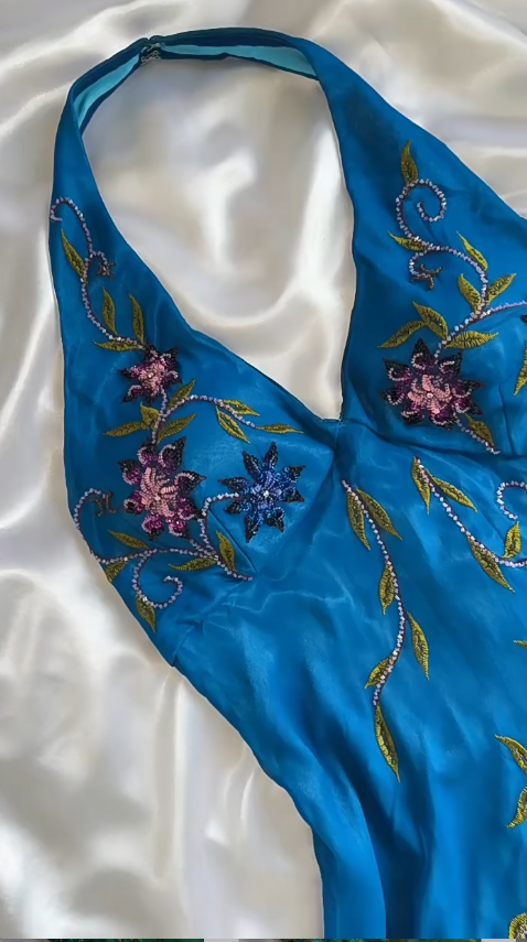 Gorgeous Blue Halter Mermaid Beaded Chiffon Short Vintage Evening Gowns ED02893