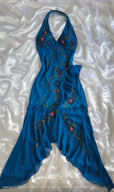 Gorgeous Blue Halter Mermaid Beaded Chiffon Short Vintage Evening Gowns ED02893