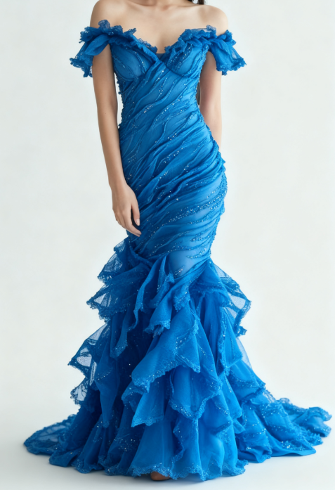 Gorgeous Burgundy Off-shoulder Mermaid Tulle Sequins Long Prom Dresses Formal Evening Gowns ED02894