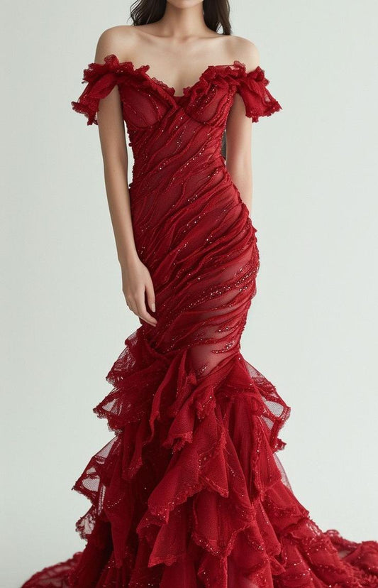 Gorgeous Burgundy Off-shoulder Mermaid Tulle Sequins Long Prom Dresses Formal Evening Gowns ED02894