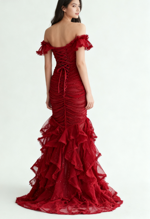Gorgeous Burgundy Off-shoulder Mermaid Tulle Sequins Long Prom Dresses Formal Evening Gowns ED02894
