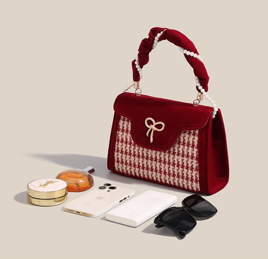 Rote Umhängetasche mit Hahnentrittmuster ED0290