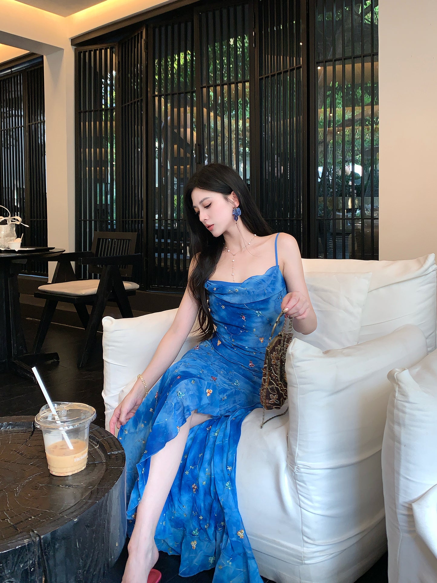 Sweetheart Blue Spaghetti Straps Mermaid Chiffon Long Prom Dresses Elegant Evening Gowns with Slit ED02923