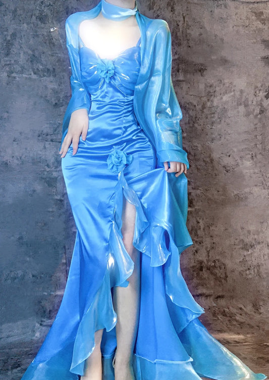 Gorgeous Blue Spaghetti Straps Mermaid Evening Gowns Chiffon Satin Long Stunning Prom Dresses ED02925