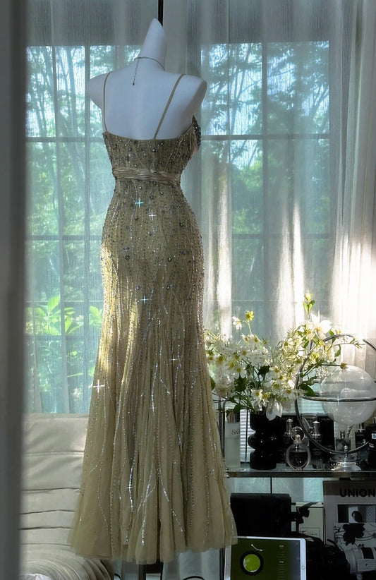 Olive Green Evening Dressses Vintage Spaghetti Straps Mermaid Tulle Beading Long Stunning Prom Dresses Elega