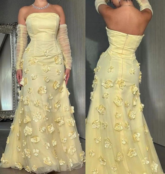 Sweetheart Butter Yellow Strapless A-Line Tulle Applique Long Prom Dresses Elegant Birthday Evening Gowns ED02933