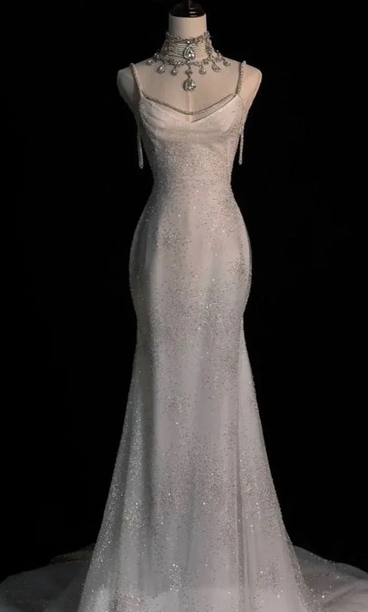 Elegant White Spaghetti Straps Mermaid Tulle Evening Gown Shiny Trailing Wedding Dress ED02937