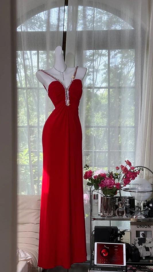 Gorgeous Red Sweetheart Neck Sheath Chiffon Backless Long Party Dresses Elegant Simple Evening Gowns with Diamonds ED02938