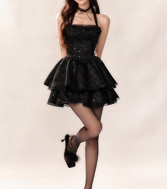 Sweetheart Black Halter Neck A-Line Lace Tulle Short Prom Dresses Back to School Dress with Sequins ED02939