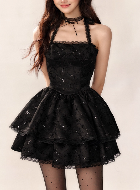 Sweetheart Black Halter Neck A-Line Lace Tulle Short Prom Dresses Back to School Dress with Sequins ED02939