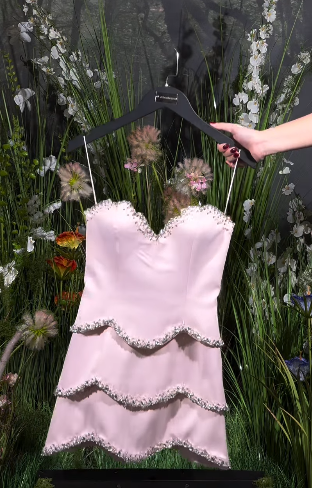 Elegant Pink Strapless Sheath Short Satin Evening Gowns Gorgeous Birthday Party Dress with Beading ED02945