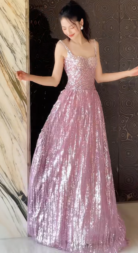 Gorgeous Square Neck A-Line Sequins Long Prom Dresses Sweet Birthday Evening Gowns ED02953