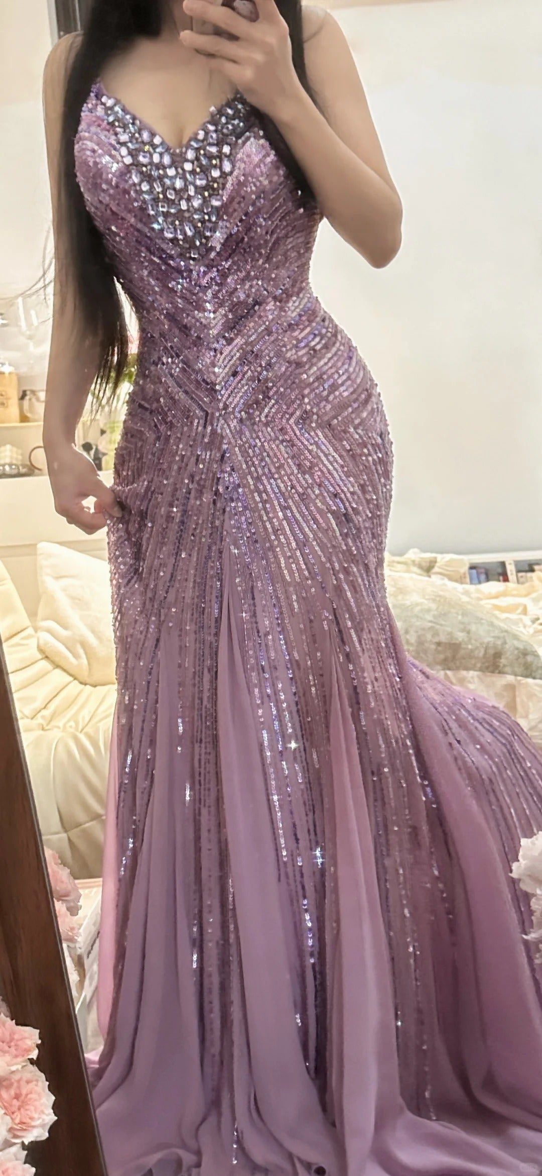 Stunning Purple V-neck Mermaid Beaded Chiffon Long Prom Dresses Vintage Evening Gowns ED02954