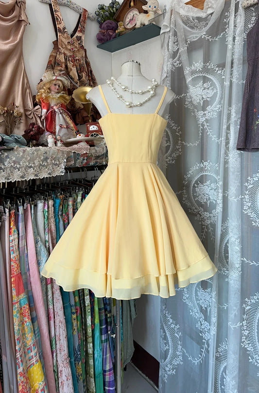 Vintage Yellow Spaghetti Straps A-Line Chiffon Short Birthday Party Dress ED02959