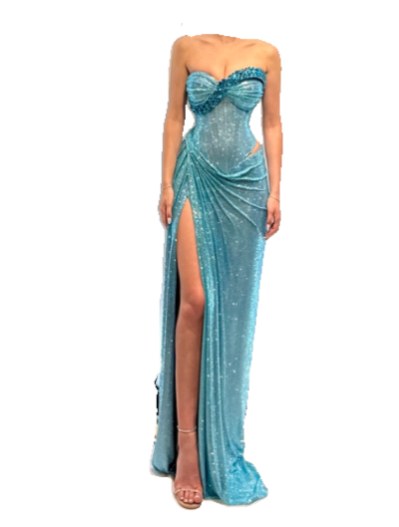 Fashion Turquoise Strapless Sheath Glitter Two-Piece Prom Dresses Formal Evening Gowns with Slits ED02972