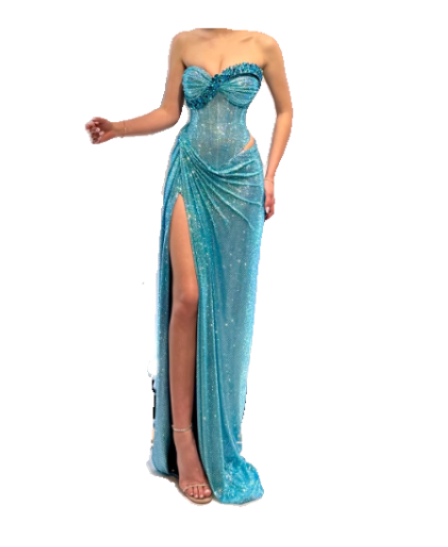 Fashion Turquoise Strapless Sheath Glitter Two-Piece Prom Dresses Formal Evening Gowns with Slits ED02972