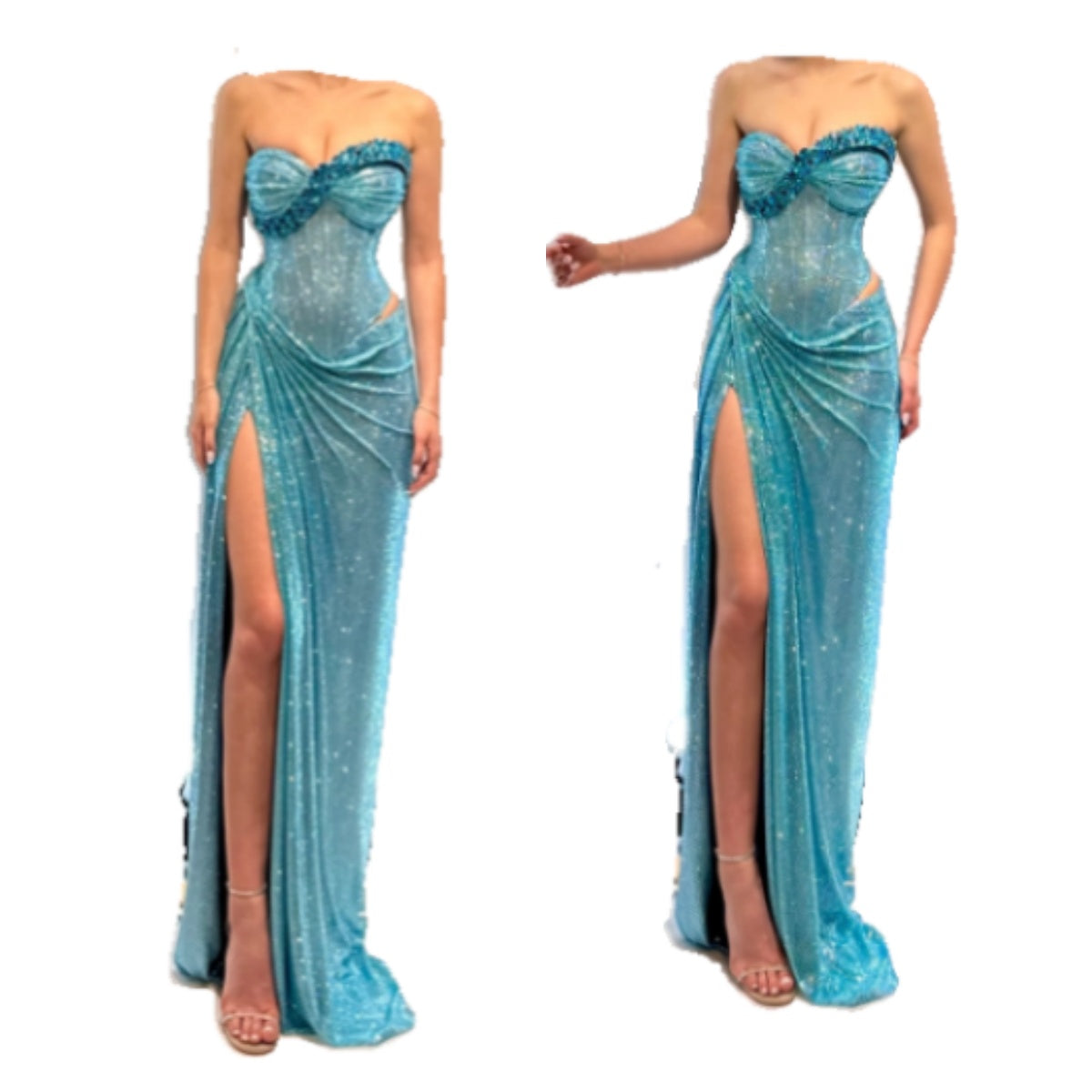 Fashion Turquoise Strapless Sheath Glitter Two-Piece Prom Dresses Formal Evening Gowns with Slits ED02972