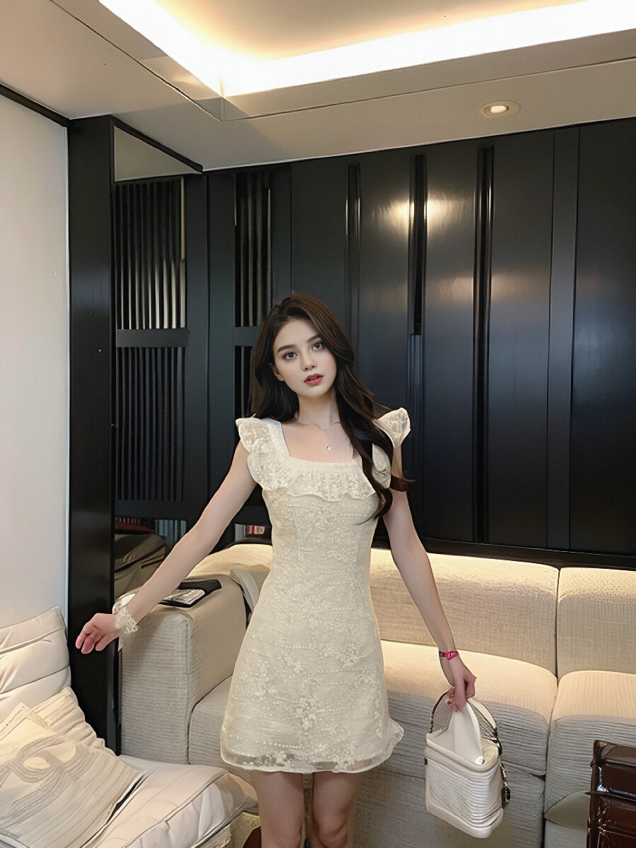 Tea Break French Lace Embroidery Floral Ruffle Dress ED0298