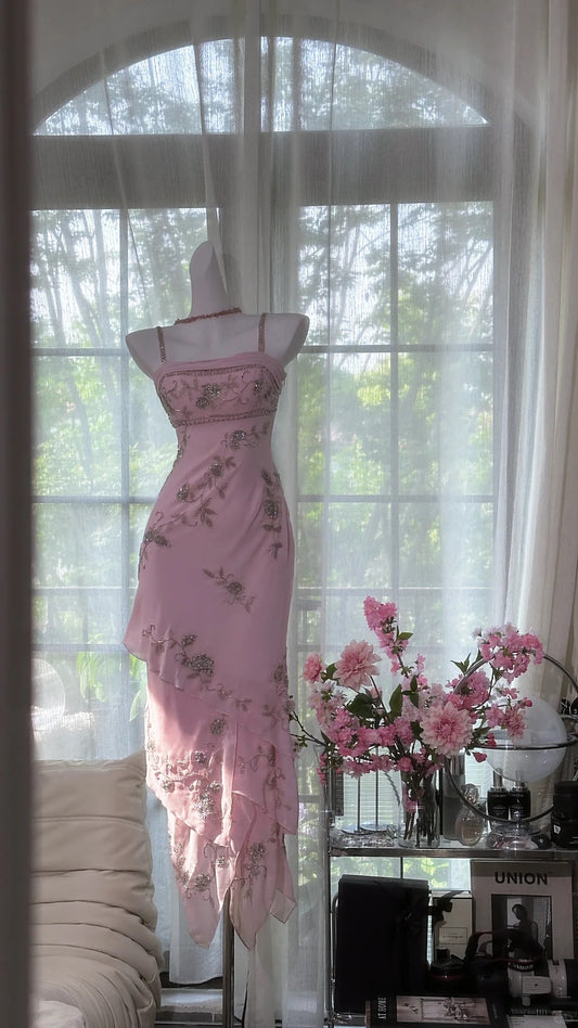 Classic Square Neck Pink Sheath Beaded Chiffon Prom Dresses Vintage Evening Gowns ED02992