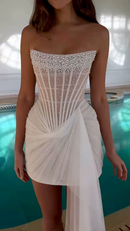 Elegant White Strapless Sheath Tulle Beaded Short Evening Gowns Fashion Homecoming Dress ED02996