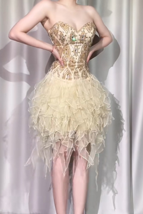 Vintage Gold Strapless A-Line Beaded Tulle Short Prom Dresses Gorgeous Homecoming Dresses ED03008