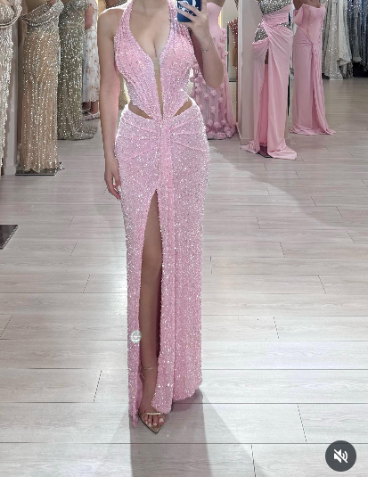 Sweet Pink Halter Sheath Glitter Two-piece Prom Dresses Formal Elegant Evening Dresses with Slits ED03021
