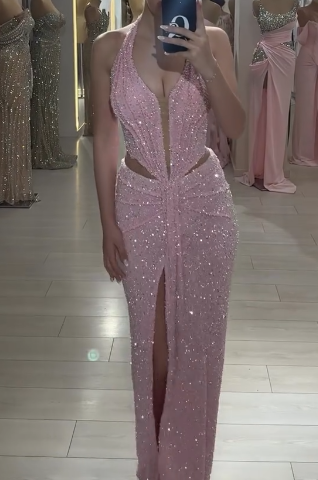 Sweet Pink Halter Sheath Glitter Two-piece Prom Dresses Formal Elegant Evening Dresses with Slits ED03021