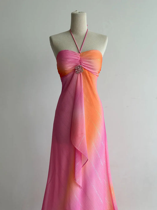 Gorgeous Pink/Orange Halter Neck Sheath Chiffon Long Prom Dresses Vintage Evening Dress ED03023