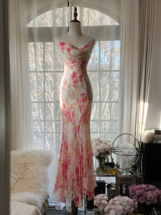 Elegant Spaghetti Straps Printed Chiffon Mermaid Evening Gowns Backless Long Stunning Prom Dresses ED03025