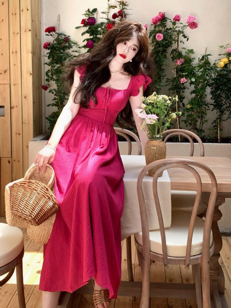 Französisches Retro-Kleid mit rotem, quadratischem Ausschnitt und langen Ärmeln, ED0303