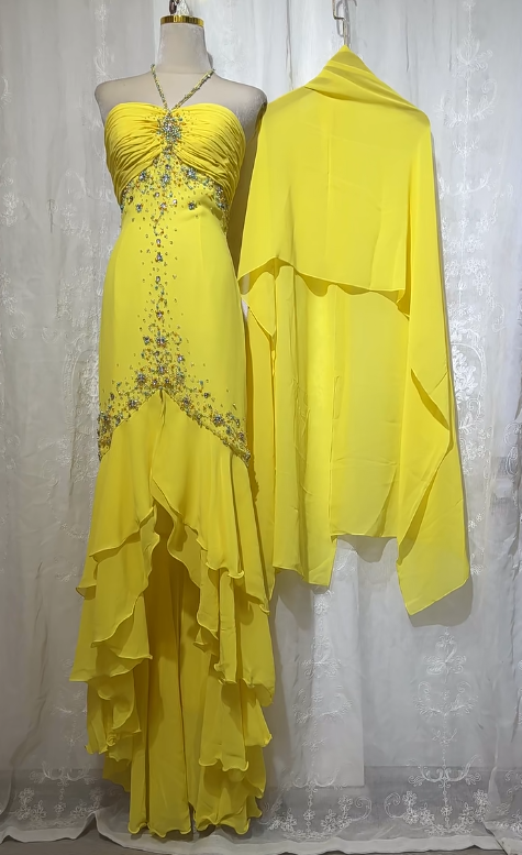 Stunning Yellow Halter Neck Sheath Chiffon Beaded Hi-Lo Prom Dresses Elegant Wedding Guest Dresses ED03031