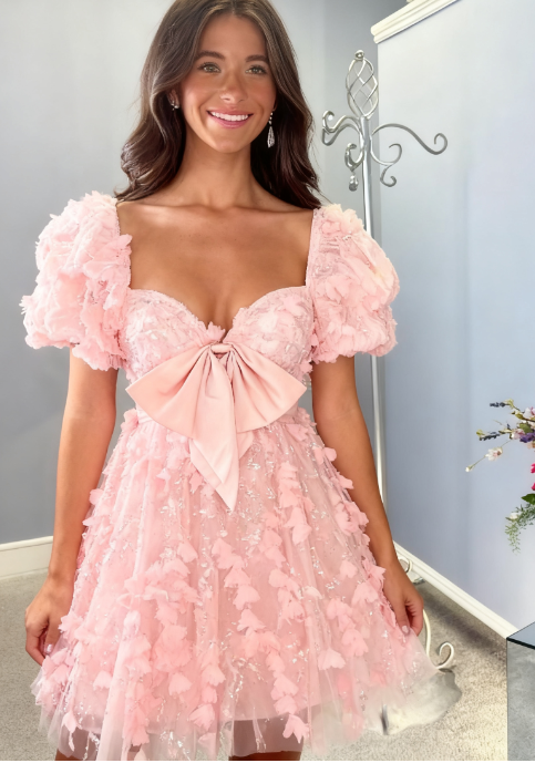 Gorgeous Pink Sweetheart Neck A-Line Tulle Applique Short Prom Dresses Sweet Homecoming Dress ED03039