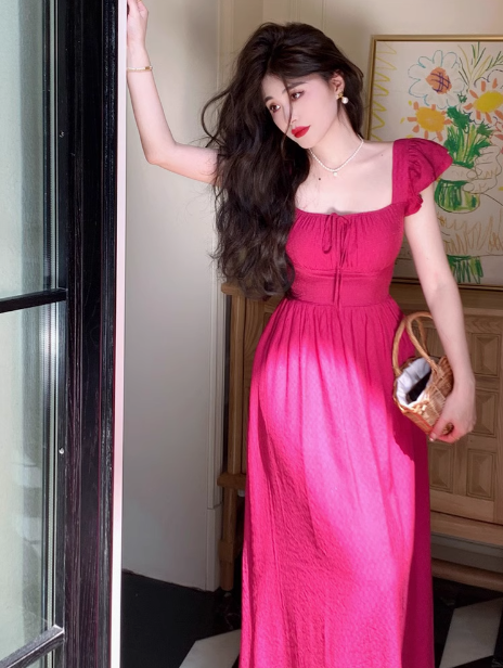 Französisches Retro-Kleid mit rotem, quadratischem Ausschnitt und langen Ärmeln, ED0303