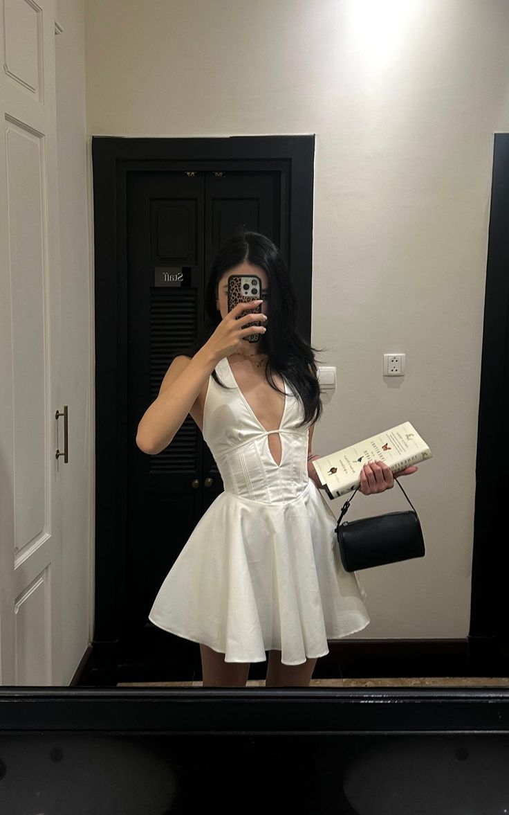 Simple White V-neck A-line Satin Short Birthday Dress Pool Party Dress ED03041
