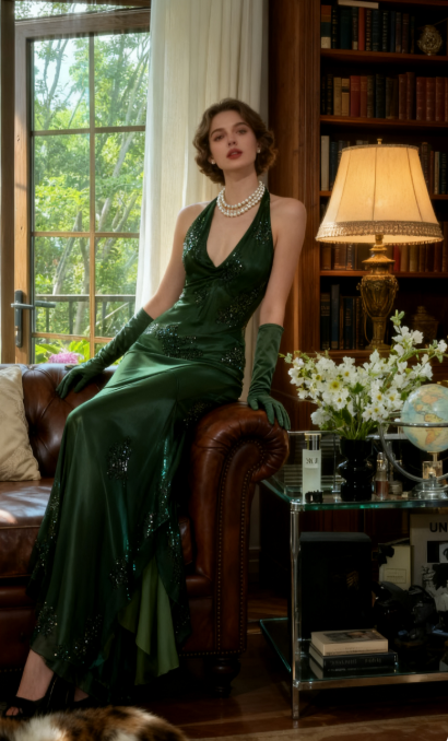 Vintage Green Halter Sheath Beaded Chiffon Long Prom Dresses Elegant Green Evening Gowns ED03052