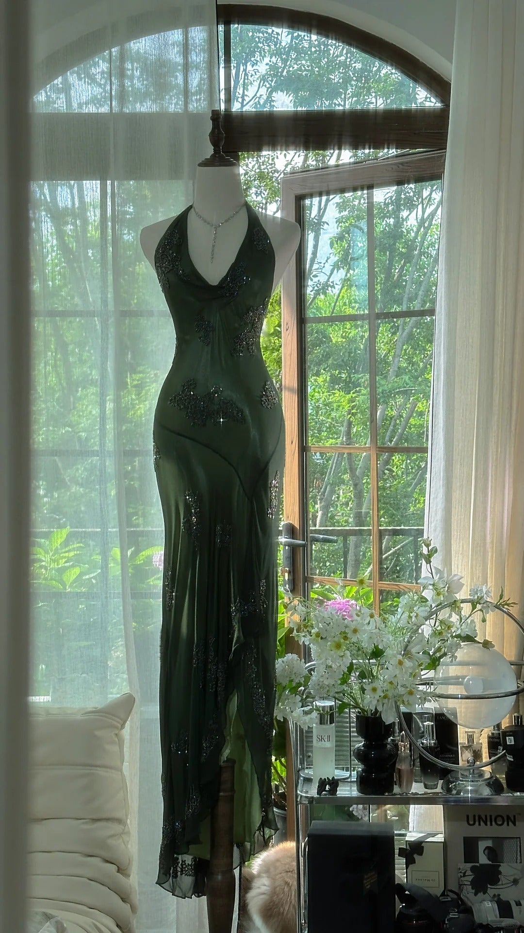 Vintage Dark Green Halter Sheath Beaded Chiffon Long Prom Dresses Eleg EvaFashionDress Vintage Dark Green Halter Sheath Beaded Chiffon Long Prom Dresses Eleg EvaFashionDress