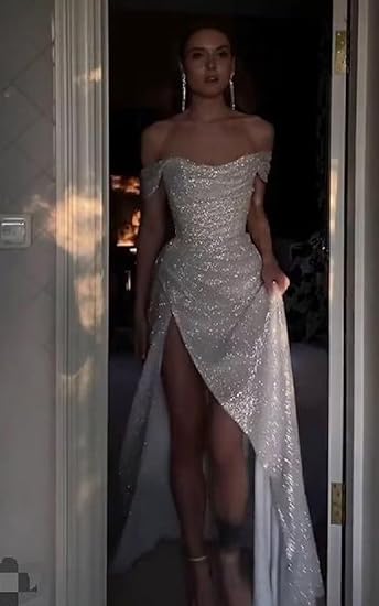 Fashion Silver Off Shoulder A-Line Sequin Long Prom Dresses Elegant Evening Gowns with Slits ED03056