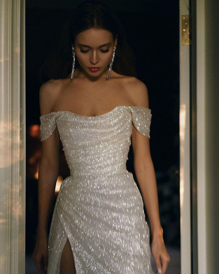 Fashion Silver Off Shoulder A-Line Sequin Long Prom Dresses Elegant Evening Gowns with Slits