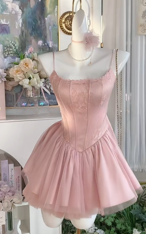 Cute Pink Spaghetti Straps A-Line Tulle Satin Short Sweet 16 Dresses B – EvaFashionDress Cute Pink Spaghetti Straps A-Line Tulle Satin Short Sweet 16 Dresses B – EvaFashionDress