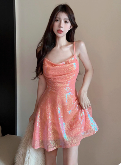 Stunning Orange Spaghetti Straps A-Line Short Cocktail Dress Pool Party Outfit ED03079