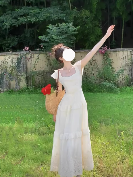 A-line heavy embroidery small flying sleeves square neck long dress cake skirt ED0307