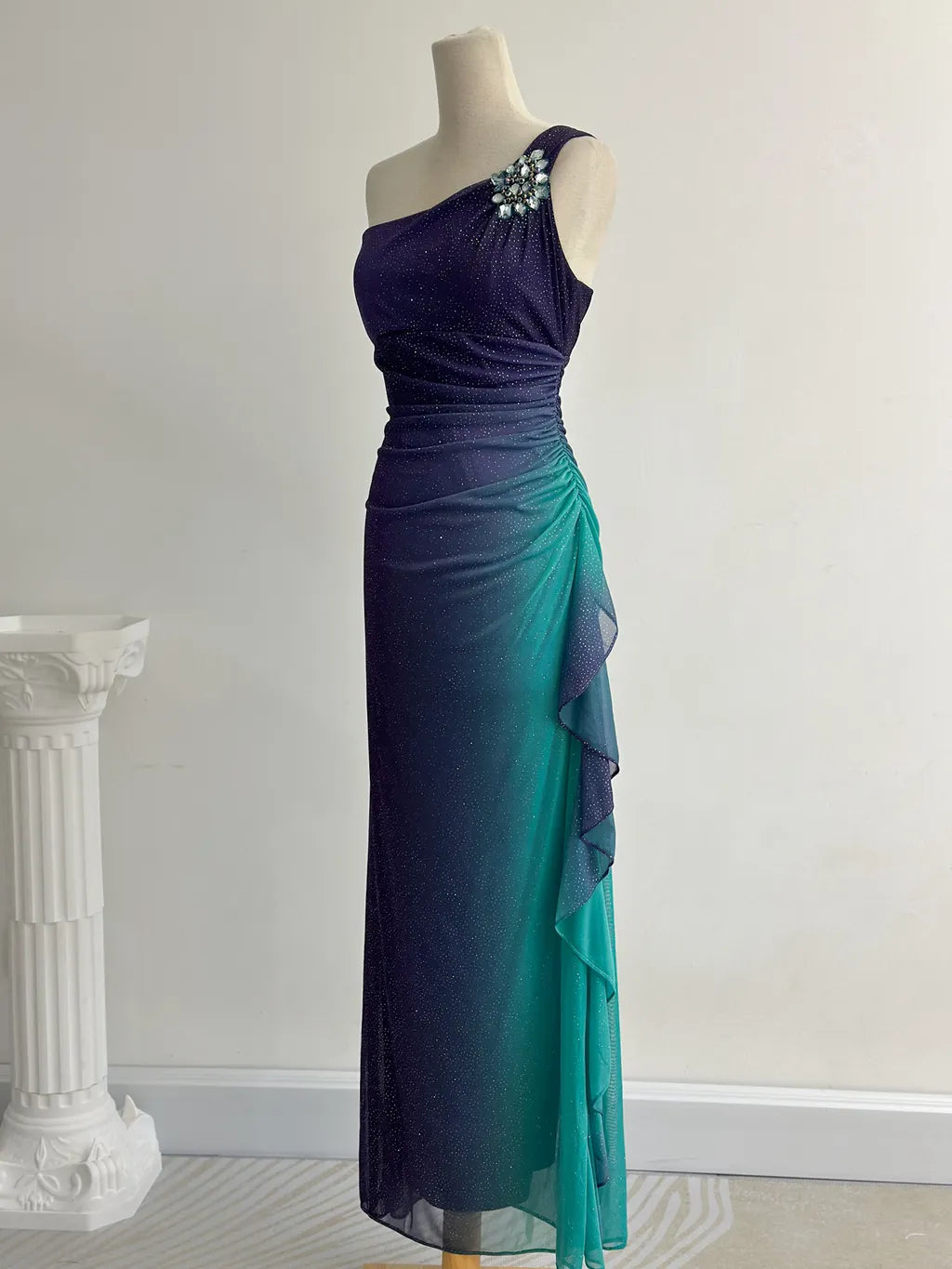 Glitter Navy Blue One Shoulder Sheath Chiffon Prom Dress Formal Elegant Evening Gowns ED03095