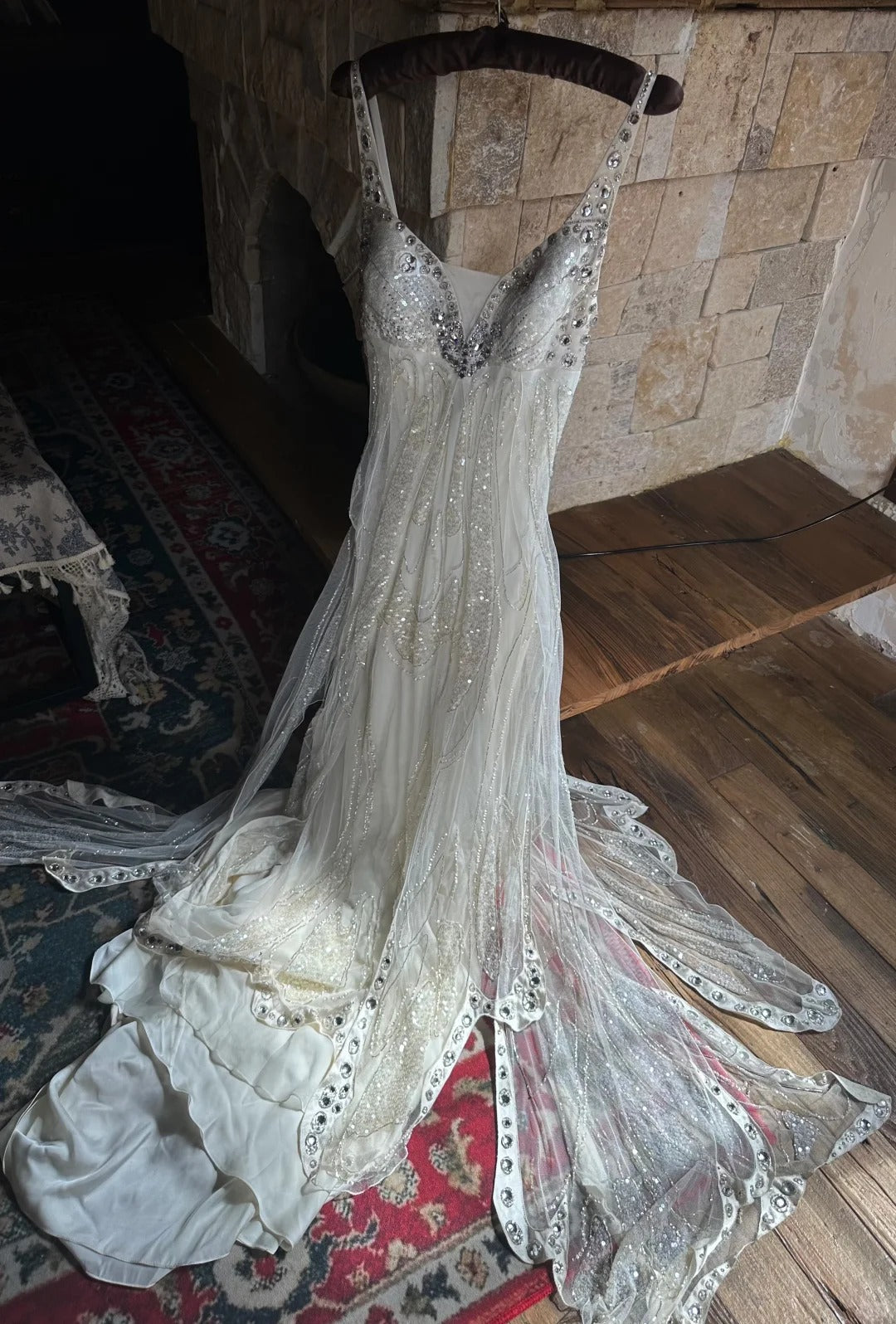 Gorgeous White V-neck A-Line Tulle Beaded Long Prom Dresses Beautiful Trailing Wedding Dress with Sequins ED03097