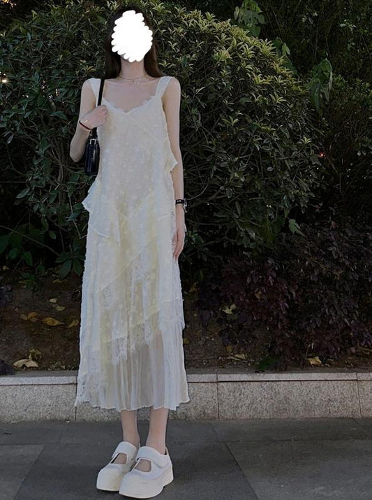 V-neck lace stitching white sleeveless suspender dress ED0309