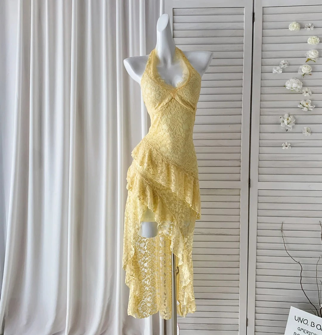 Fashion Butter Yellow Halter Neck A-Line Lace Short Party Dress Simple EvaFashionDress Fashion Butter Yellow Halter Neck A-Line Lace Short Party Dress Simple EvaFashionDress