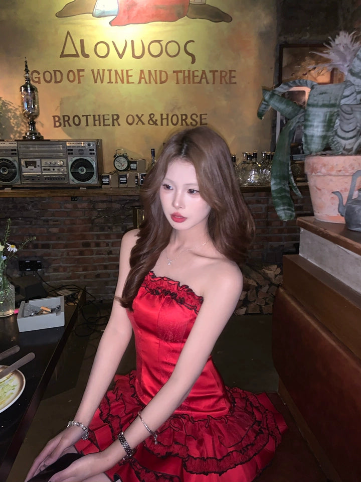 Fashion Red Strapless Sheath Layered Satin Short Prom Dresses Outdoor Party Outfit ED03120