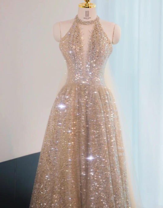 Glitter Elephant V-neck A-Line Tulle Sequins Beaded Long Prom Dresses Formal Evening Gowns ED03122