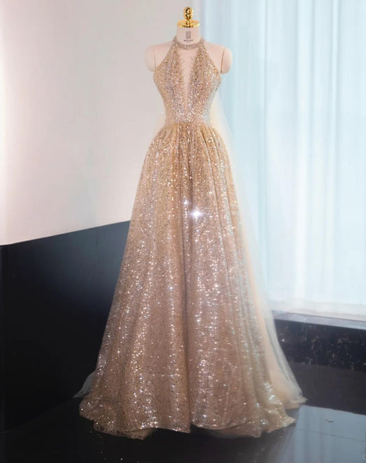 Glitter Elephant V-neck A-Line Tulle Sequins Beaded Long Prom Dresses Formal Evening Gowns ED03122